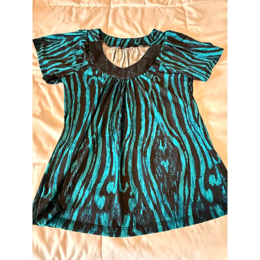 Mixxology Teal Black Abstract Zebra Print Scoop Neck Pleated Blouse Large